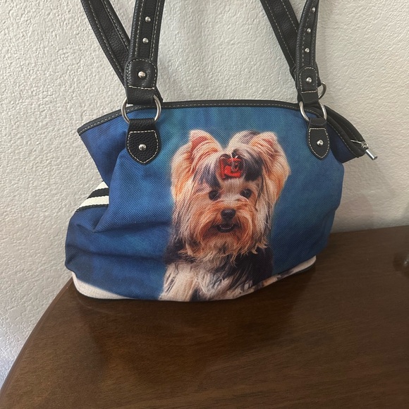 Blue Yorkie Print Tote with Chain Handles